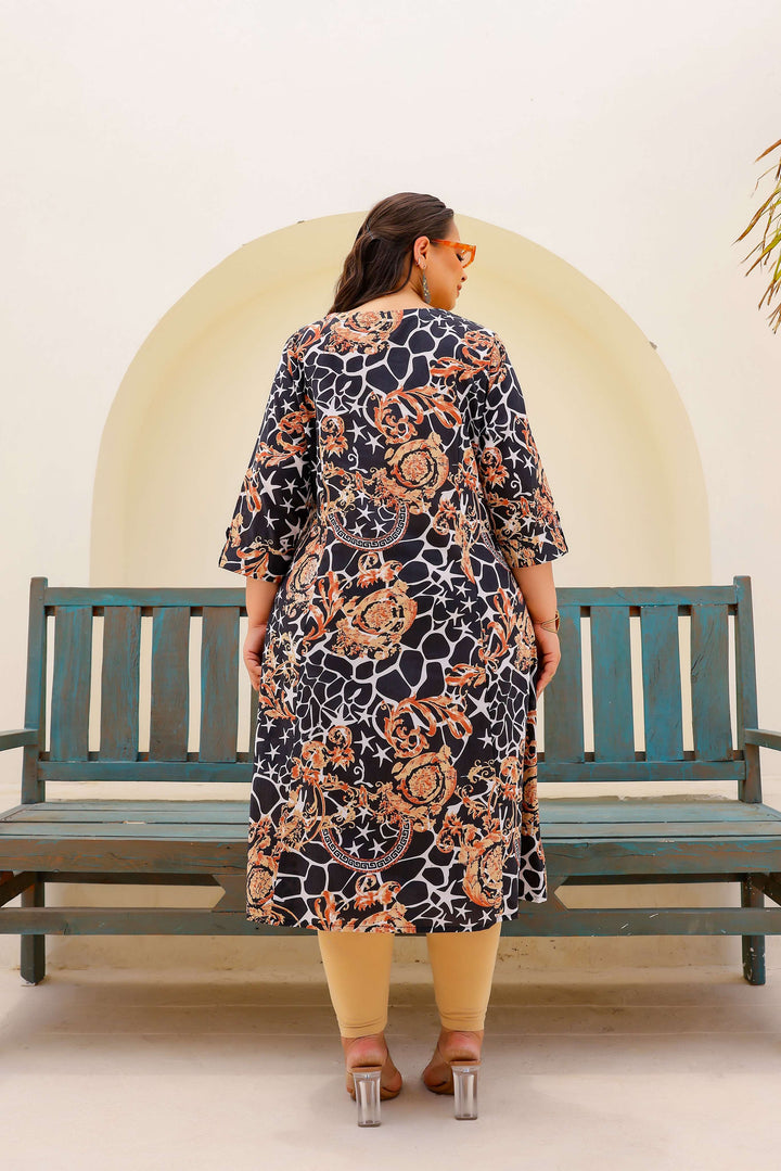 Black & Beige Abstract Print A-Line Kurta | Modern & Stylish Everyday Look