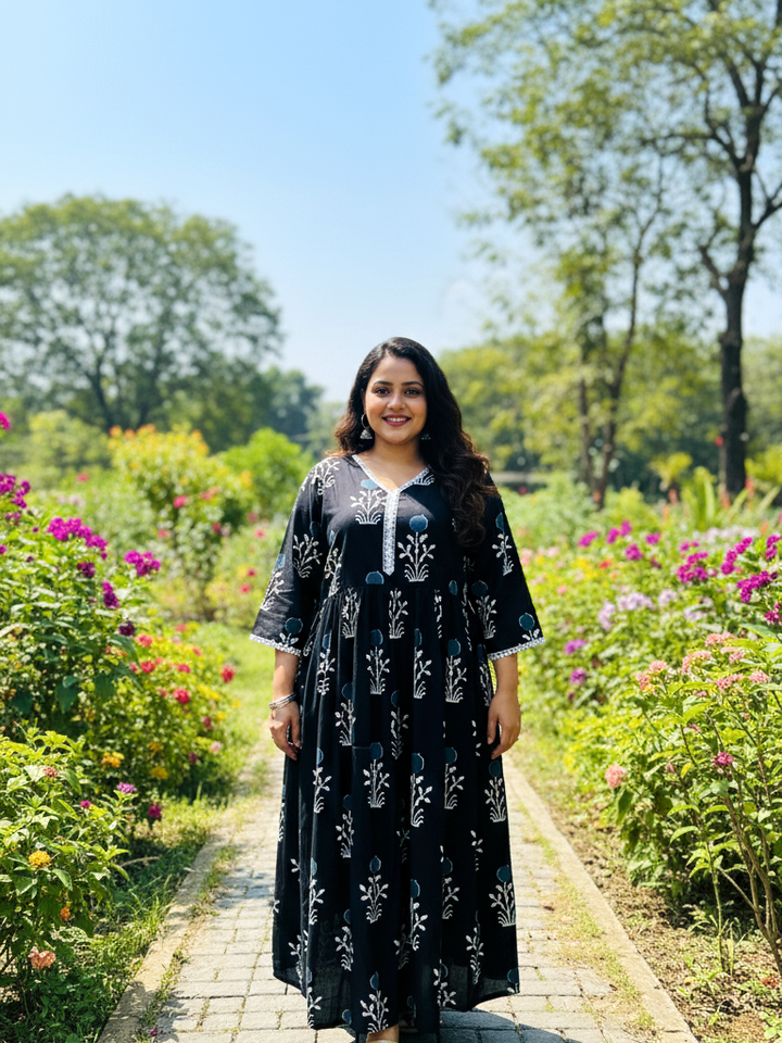 Bohemian V-Neck Gathered Ethnic Dress