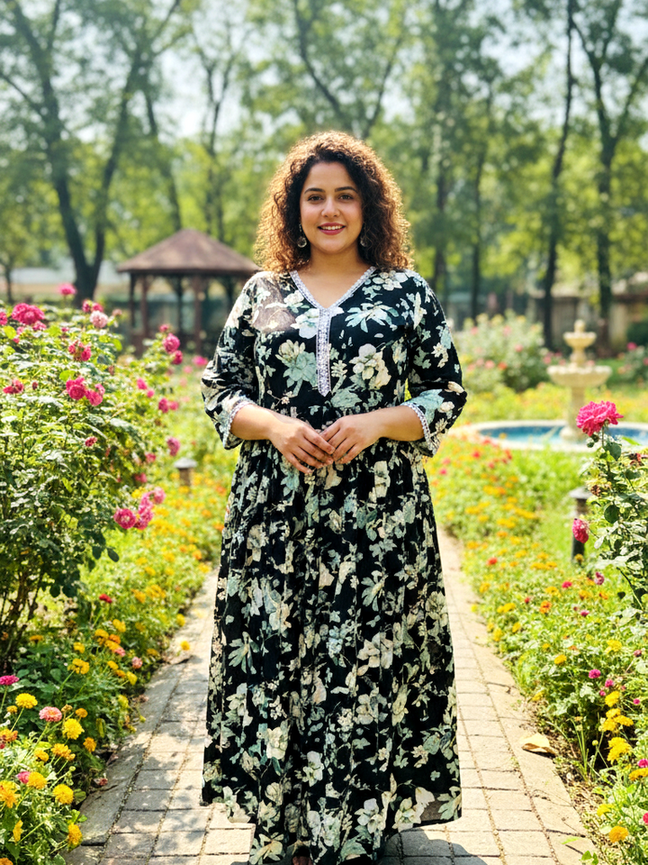 Black Contemporary Floral Print Anarkali Style Dress