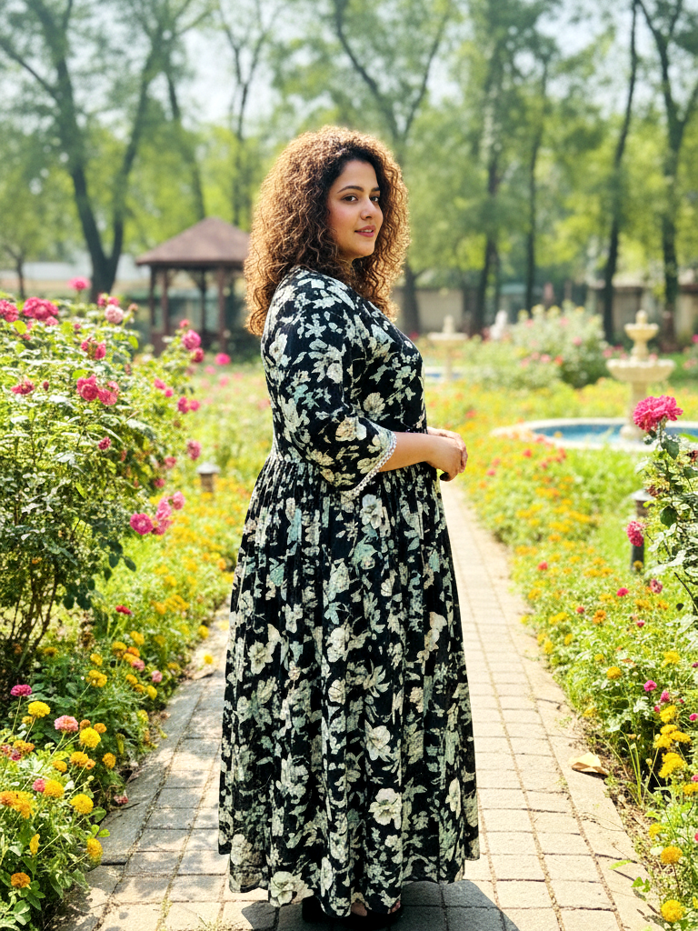 Black Contemporary Floral Print Anarkali Style Dress