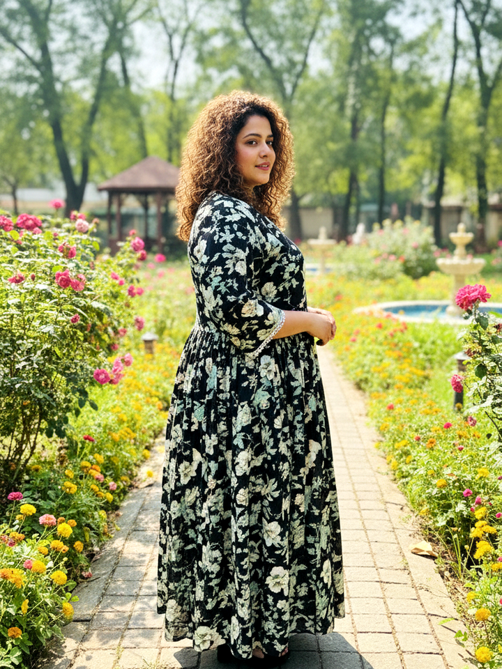 Black Contemporary Floral Print Anarkali Style Dress