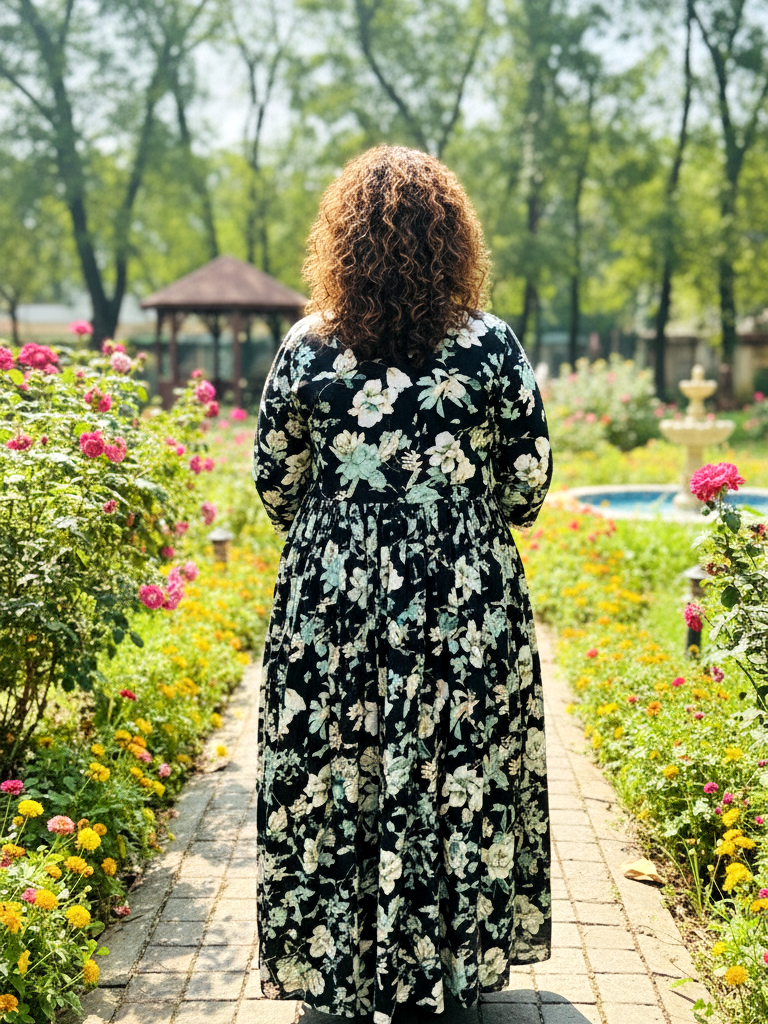 Black Contemporary Floral Print Anarkali Style Dress