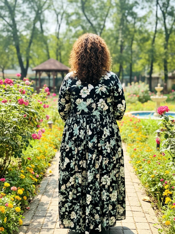 Black Contemporary Floral Print Anarkali Style Dress
