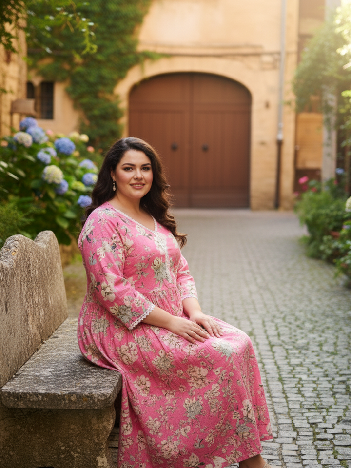 Pink Contemporary Floral Print Anarkali Style Dress