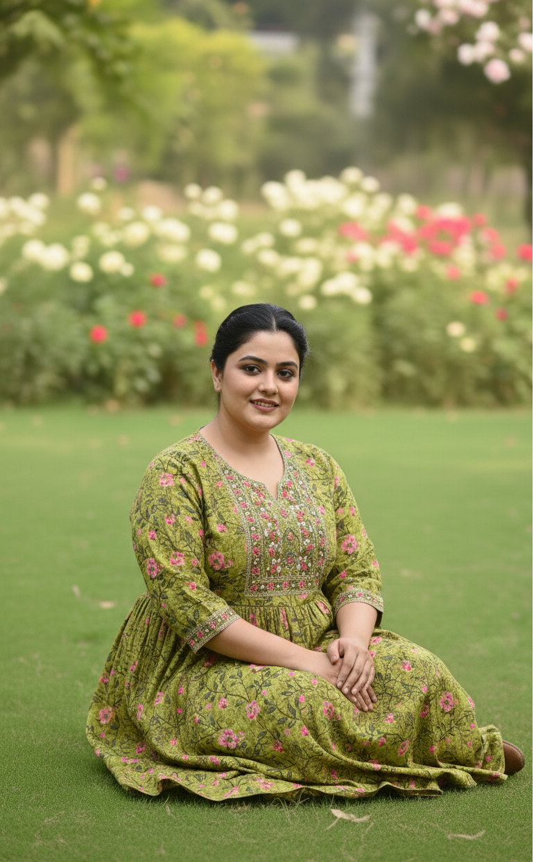 Green Cotton Comfort Plus-Size Gathered Ethnic Dress