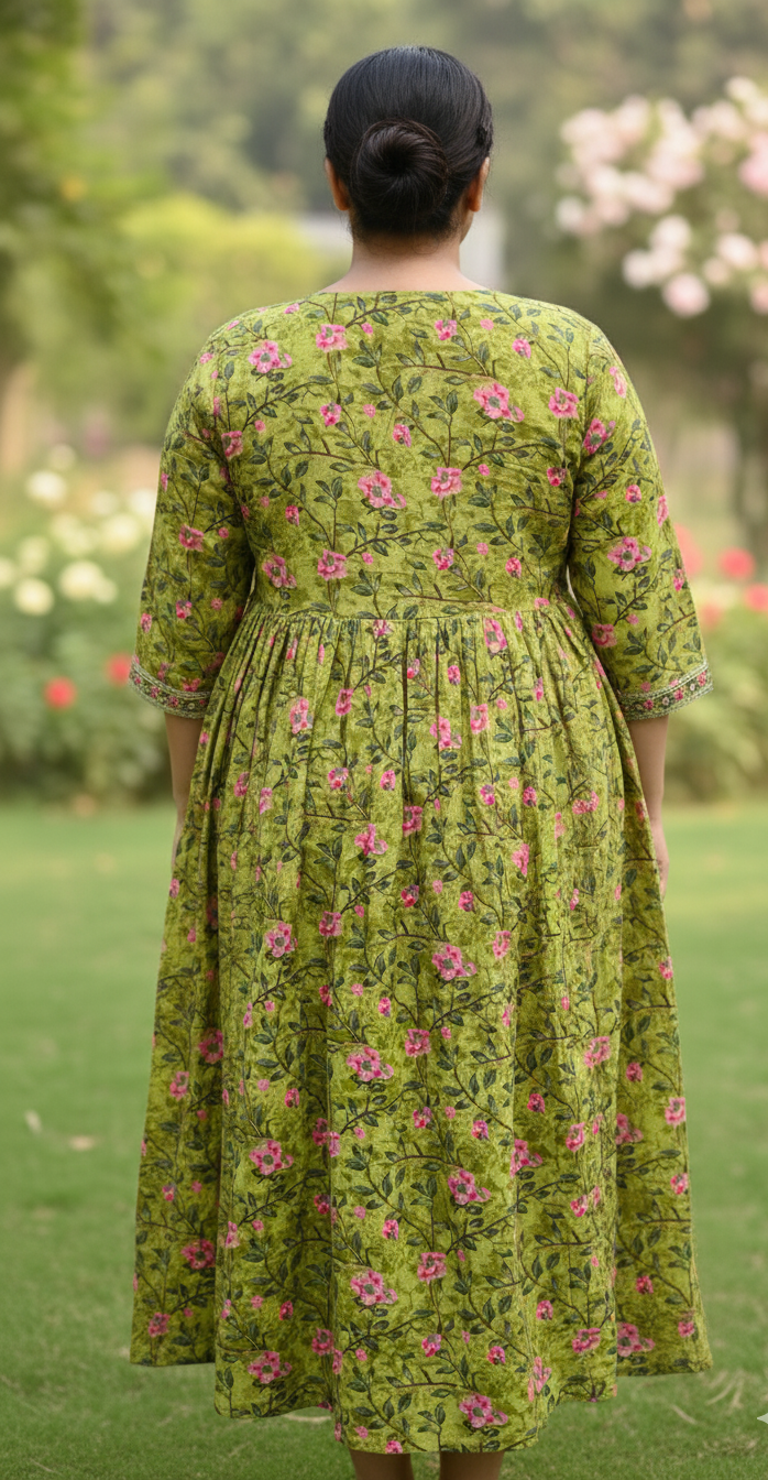 Green Cotton Comfort Plus-Size Gathered Ethnic Dress