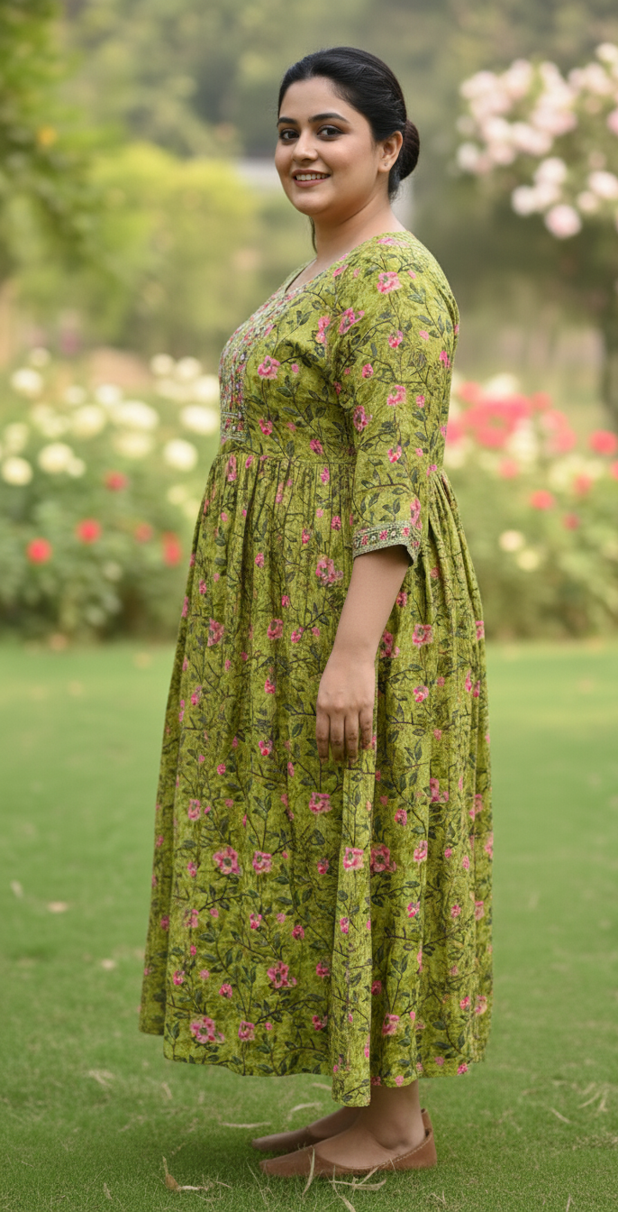 Green Cotton Comfort Plus-Size Gathered Ethnic Dress