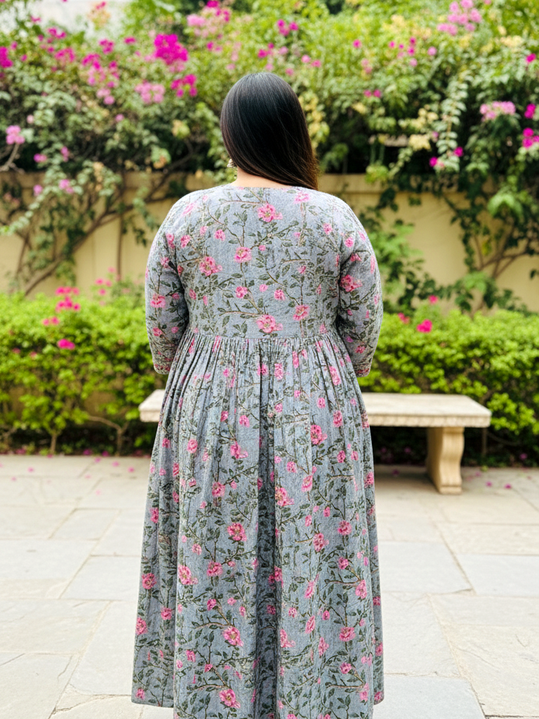 Grey Cotton Comfort Plus-Size Gathered Ethnic Dress