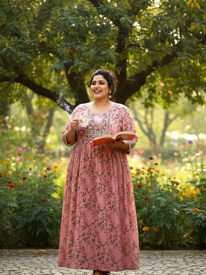 Pink Cotton Comfort Plus-Size Gathered Ethnic Dress