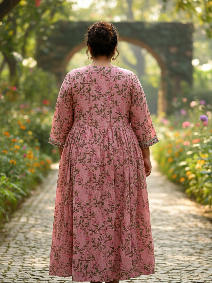 Pink Cotton Comfort Plus-Size Gathered Ethnic Dress