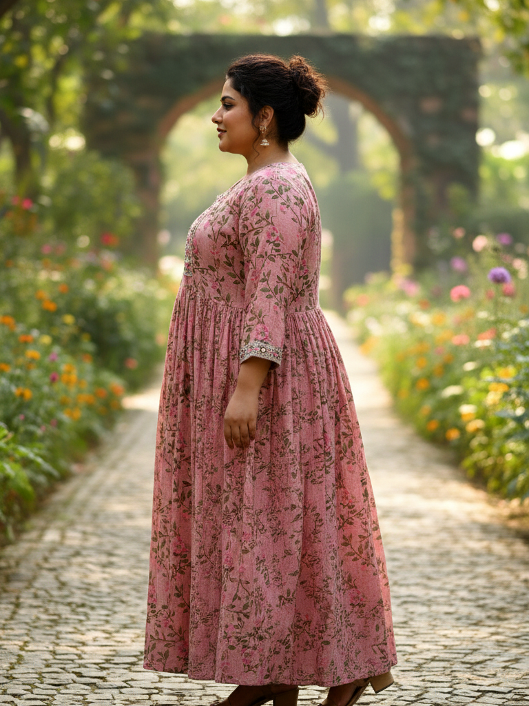 Pink Cotton Comfort Plus-Size Gathered Ethnic Dress