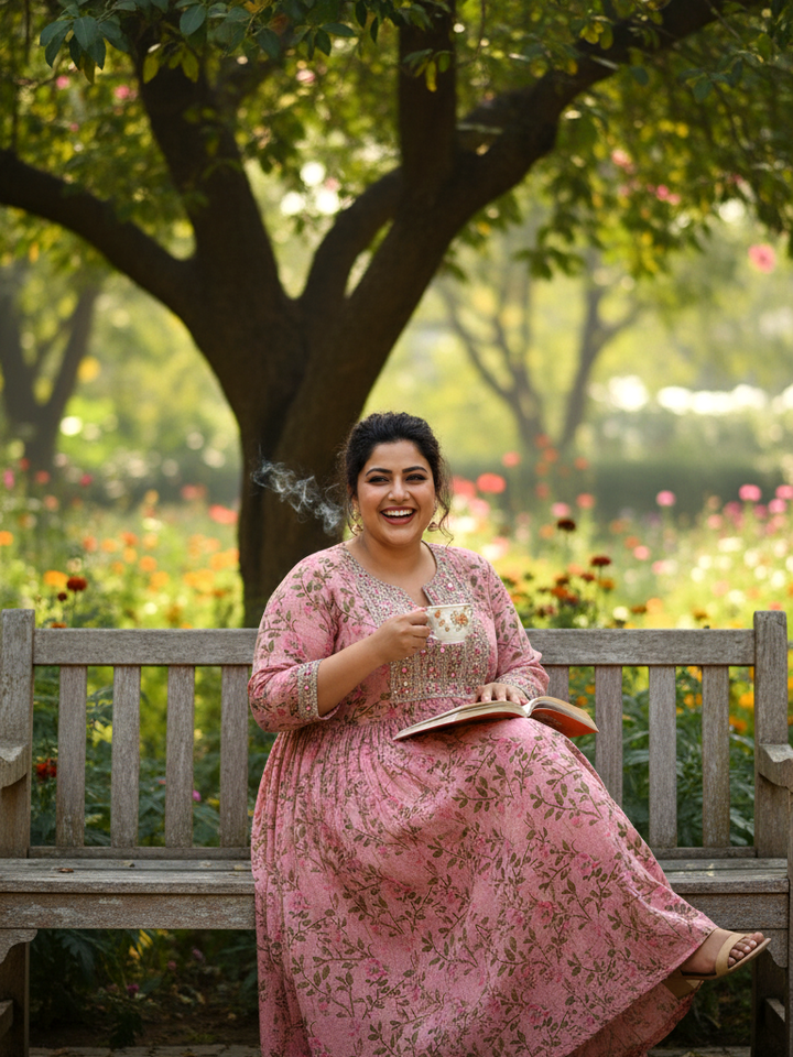 Pink Cotton Comfort Plus-Size Gathered Ethnic Dress