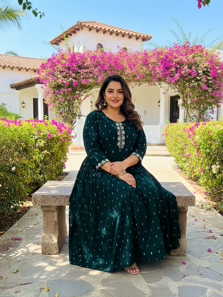 Green Celebration-Ready Anarkali Dress with Contrast Print