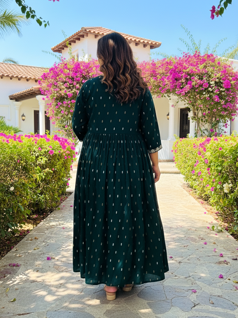 Green Celebration-Ready Anarkali Dress with Contrast Print