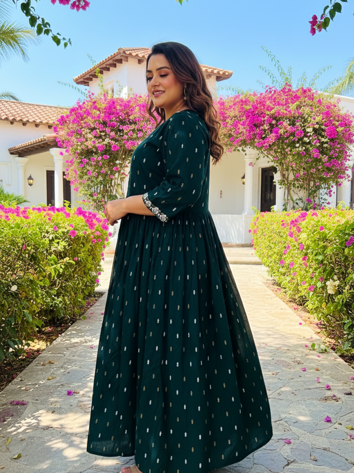 Green Celebration-Ready Anarkali Dress with Contrast Print
