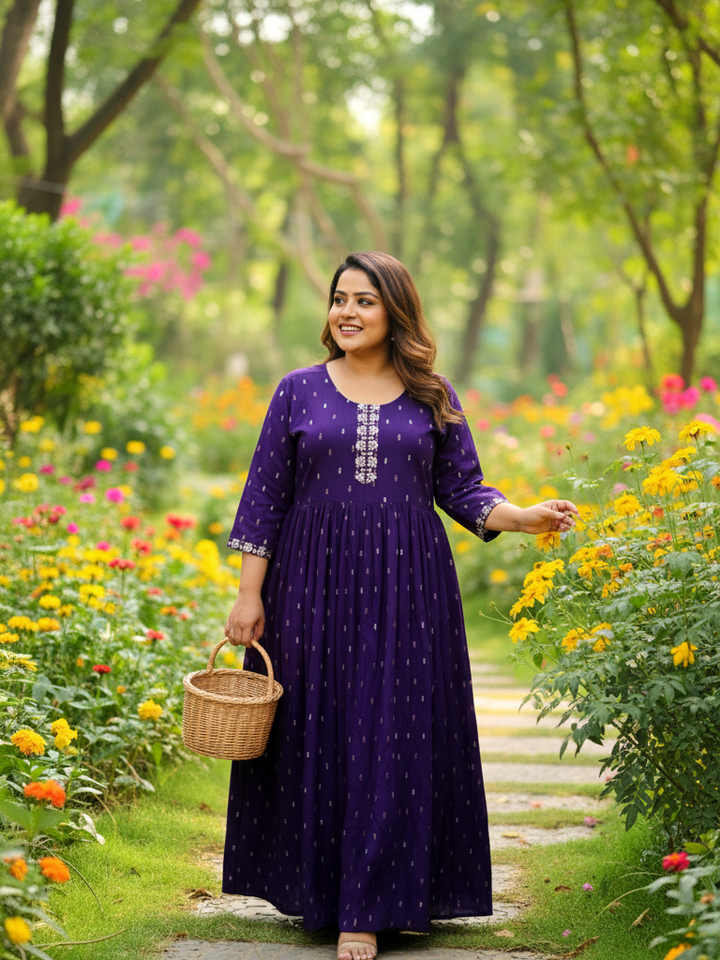 Purple Celebration-Ready Anarkali Dress with Contrast Print