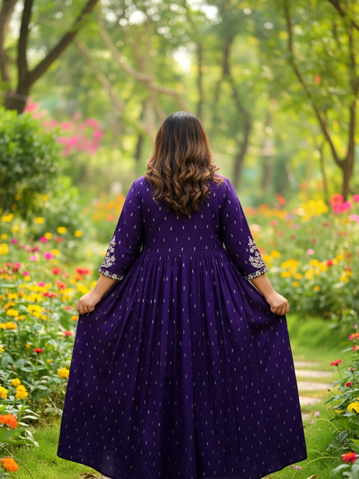 Purple Celebration-Ready Anarkali Dress with Contrast Print