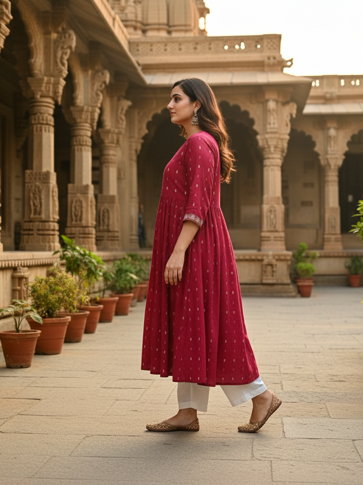 Red Celebration-Ready Anarkali Dress with Contrast Print