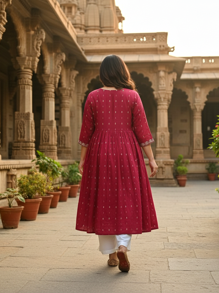 Red Celebration-Ready Anarkali Dress with Contrast Print