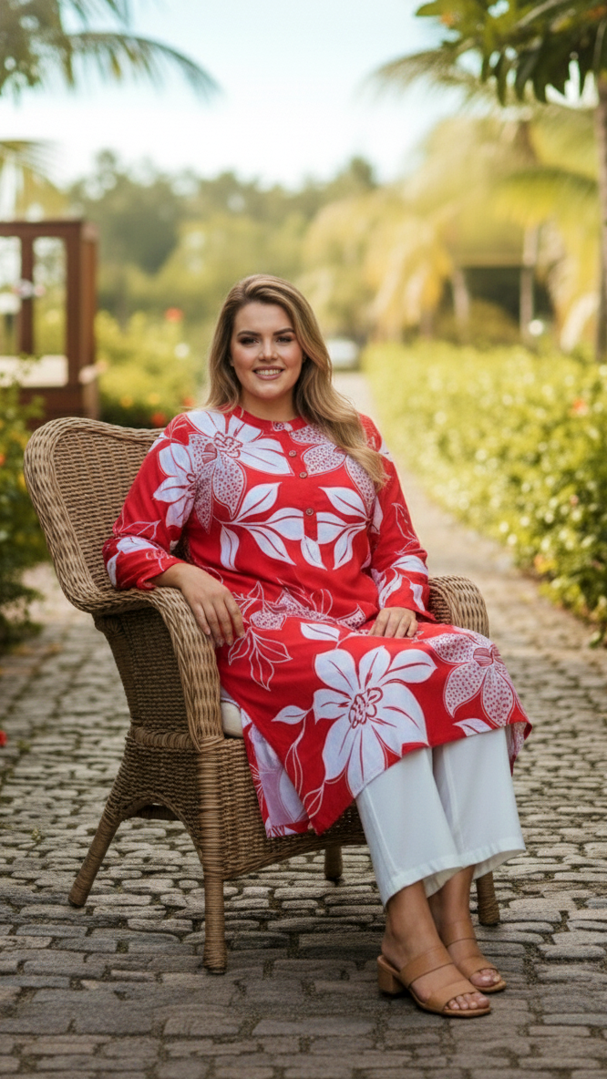 Tropical Red & White Plus-Size Maxi Kurta