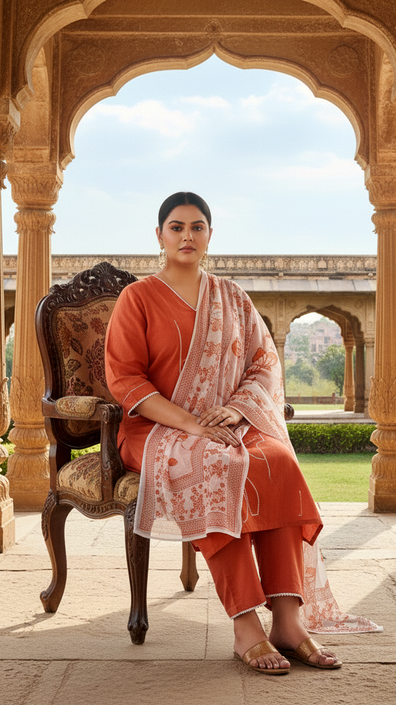 Terracotta Orange Solid Cotton Kurta Set with White Embroidered Motif and Printed Dupatta