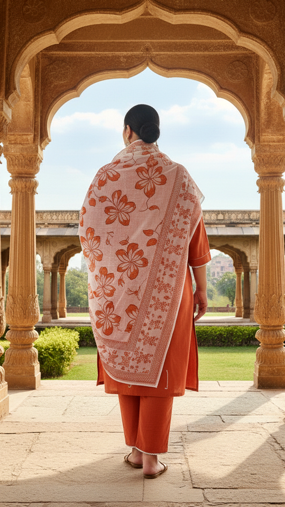 Terracotta Orange Solid Cotton Kurta Set with White Embroidered Motif and Printed Dupatta
