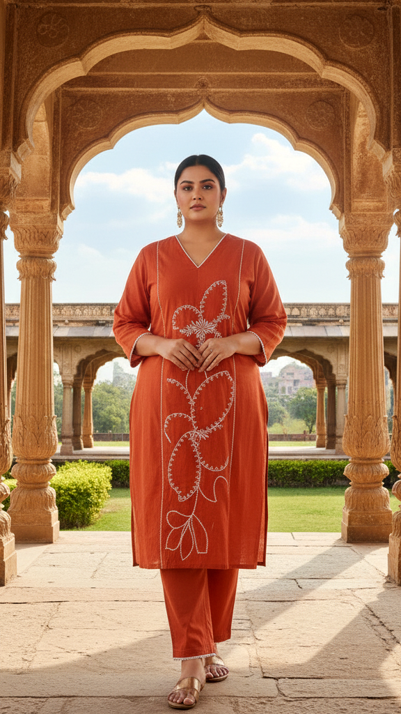 Terracotta Orange Solid Cotton Kurta Set with White Embroidered Motif and Printed Dupatta