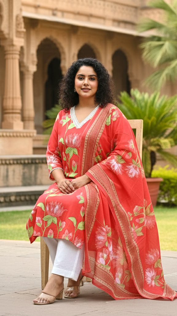 Vibrant Coral Red Floral Printed Rayon Kurta Set with Lotus Print and Border Dupatta