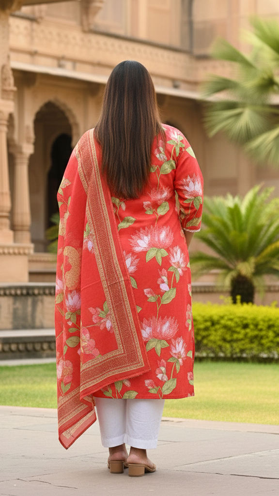 Vibrant Coral Red Floral Printed Rayon Kurta Set with Lotus Print and Border Dupatta