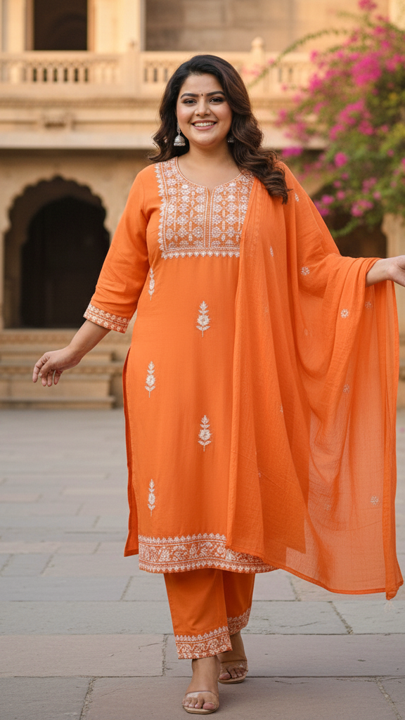 Zesty Orange Cotton Kurta Set with Intricate White Thread Work Embroidery