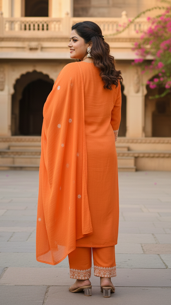 Zesty Orange Cotton Kurta Set with Intricate White Thread Work Embroidery