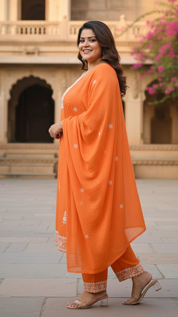 Zesty Orange Cotton Kurta Set with Intricate White Thread Work Embroidery