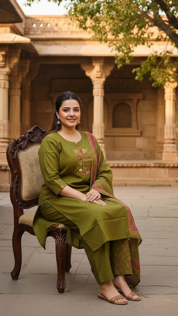 Classic Olive Green Cotton Kurta Set with Tribal-Inspired Embroidered Yoke and Printed Dupatta