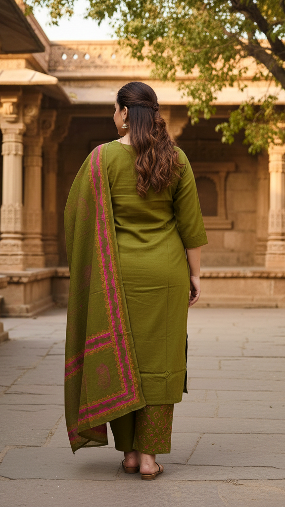 Classic Olive Green Cotton Kurta Set with Tribal-Inspired Embroidered Yoke and Printed Dupatta