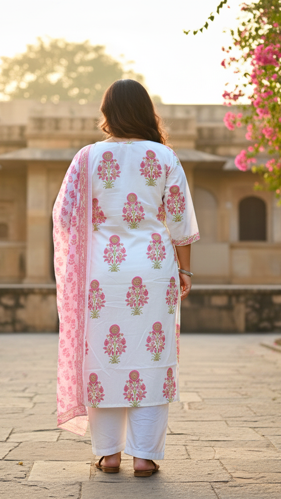 Charming White & Pink Floral Block Print Kurta Set with Matching Patterned Dupatta
