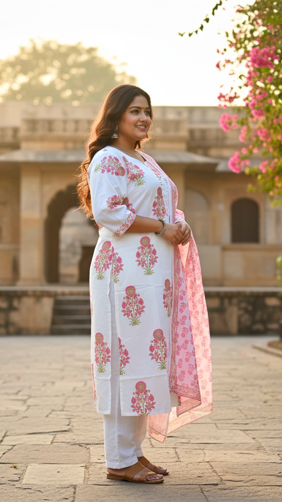 Charming White & Pink Floral Block Print Kurta Set with Matching Patterned Dupatta