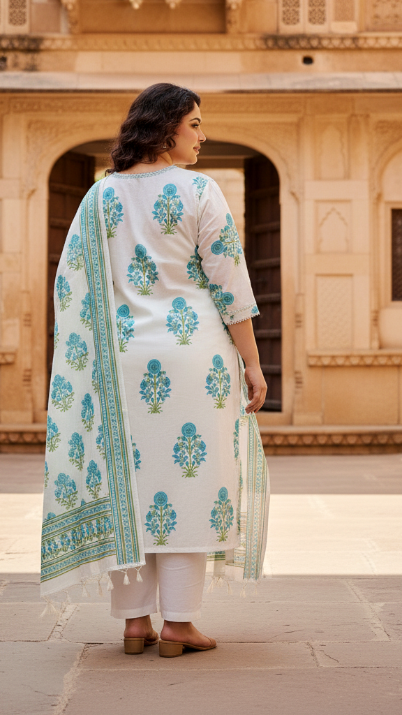 Fresh White & Aqua Blue Floral Block Print Cotton Kurta Set with Tassel Dupatta