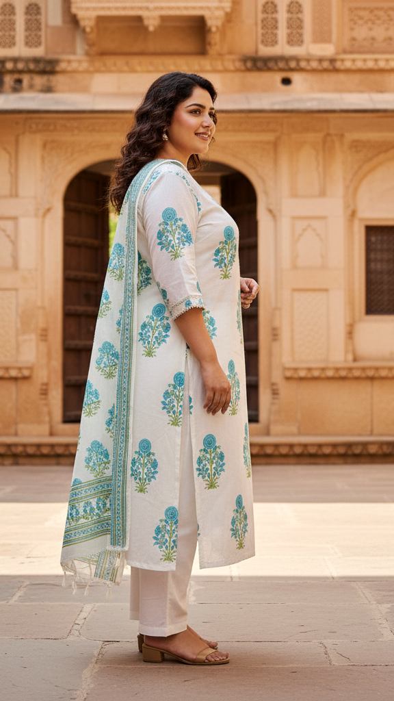Fresh White & Aqua Blue Floral Block Print Cotton Kurta Set with Tassel Dupatta