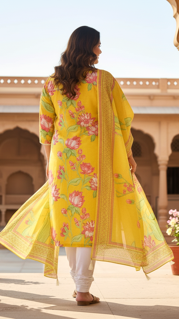 Sunny Yellow Floral Printed Rayon Kurta Set with Pink Lotus Print and White Contrast Trousers