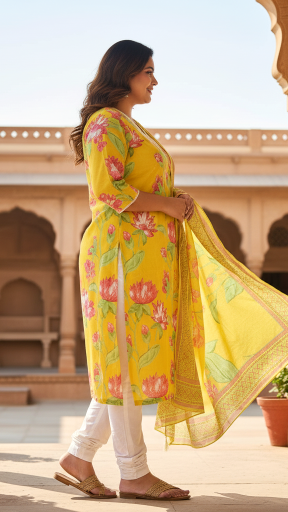 Sunny Yellow Floral Printed Rayon Kurta Set with Pink Lotus Print and White Contrast Trousers
