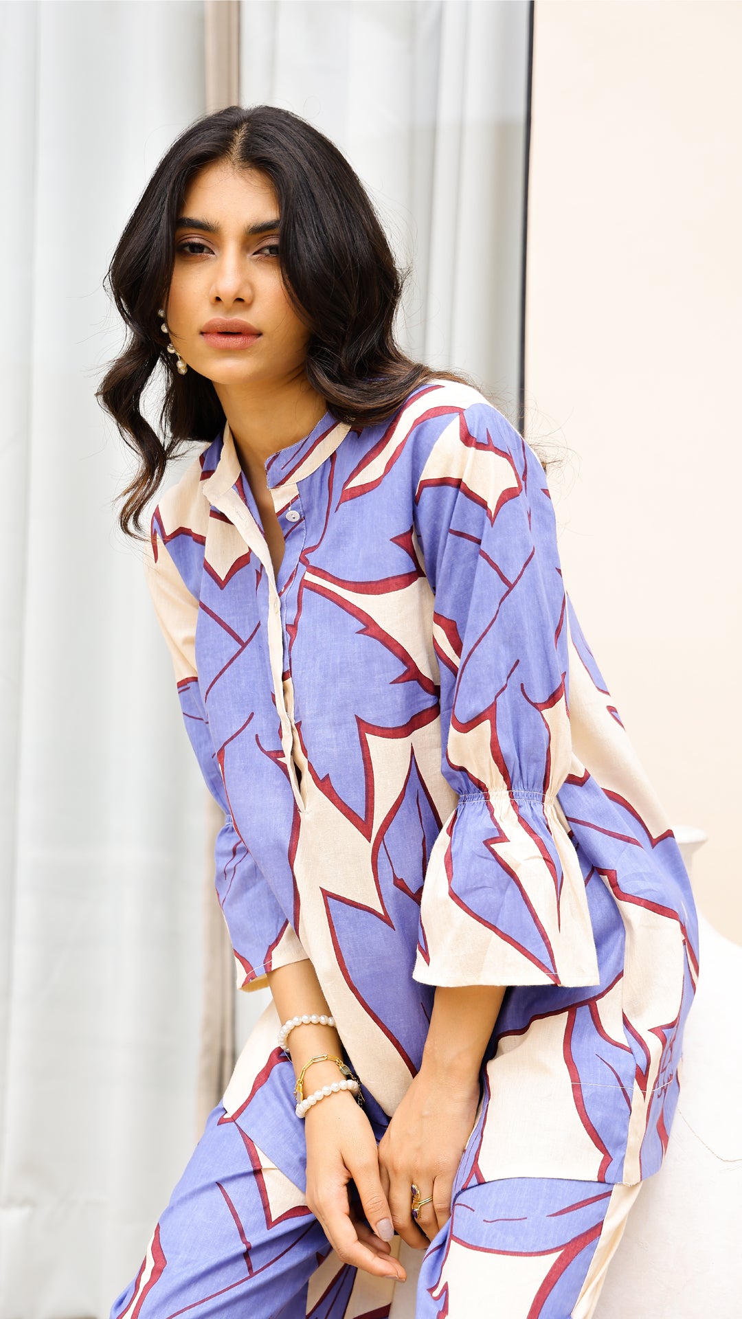 Lavender Cream Leaf Print Co-ord Set