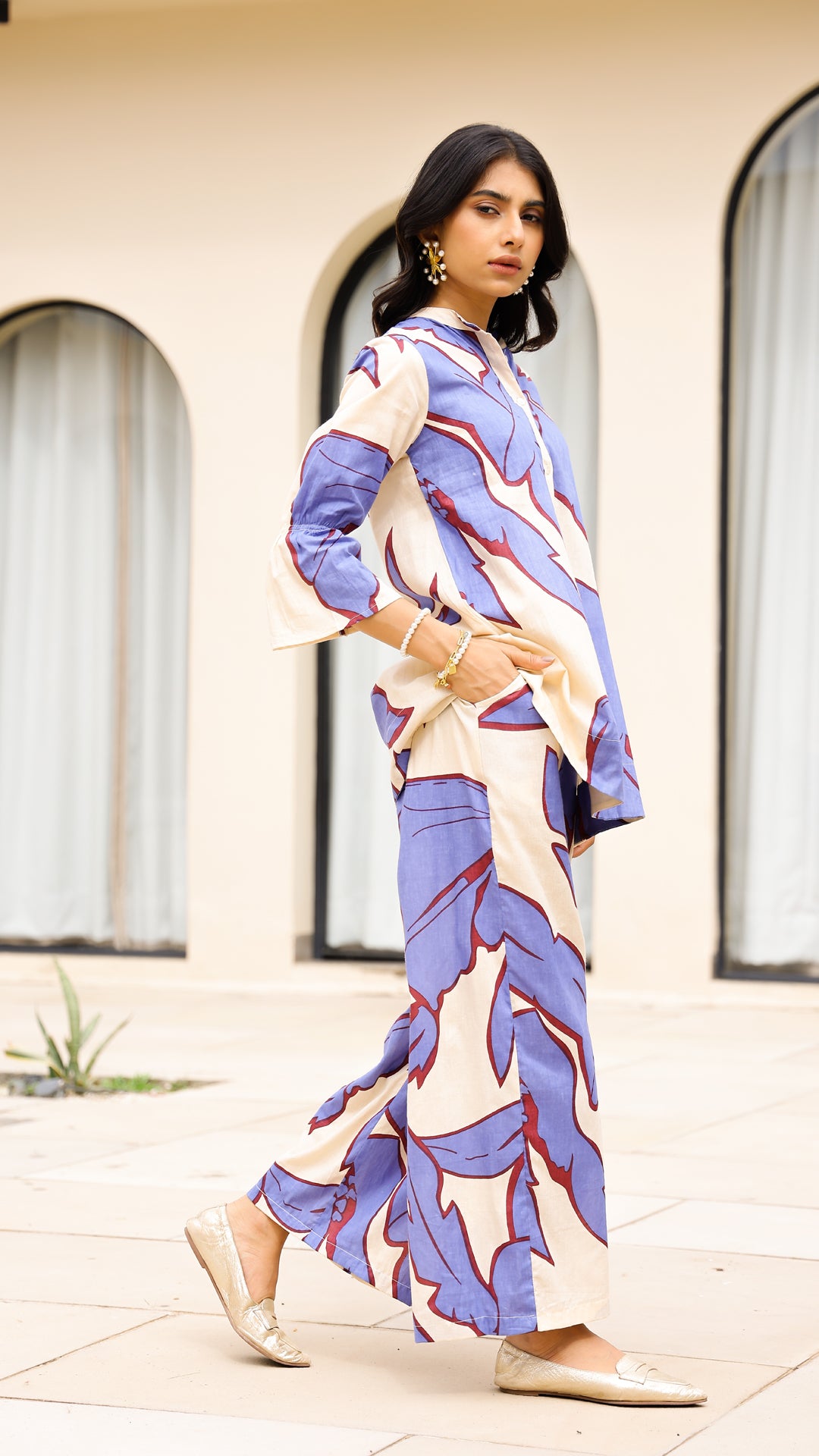 Lavender Cream Leaf Print Co-ord Set