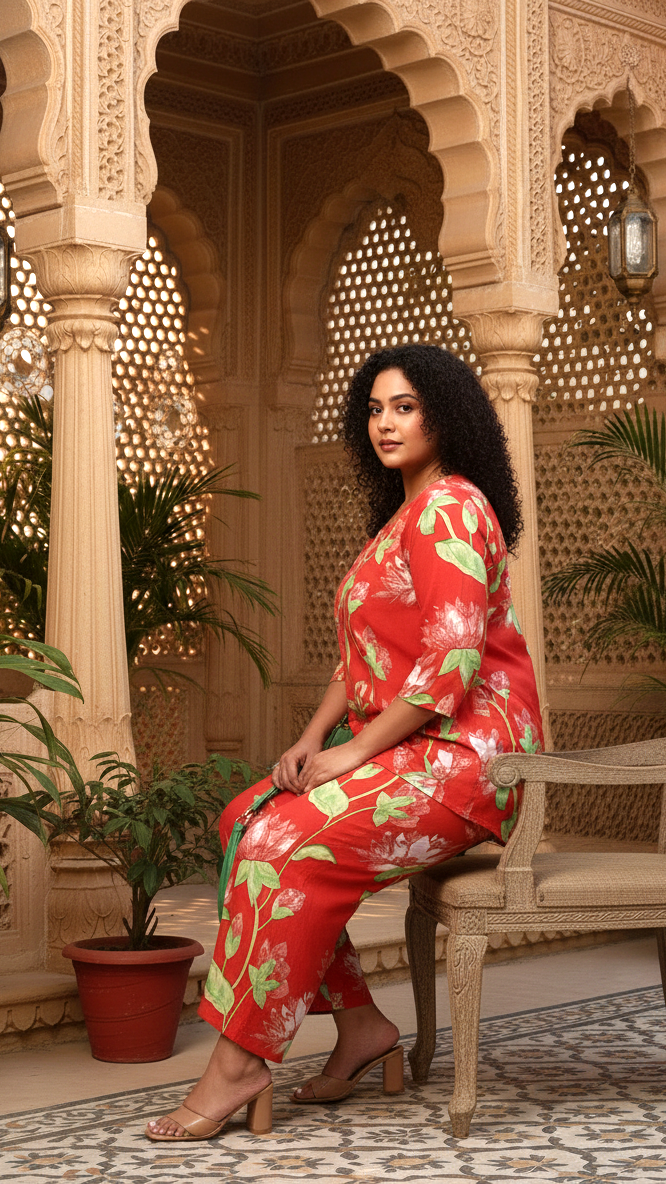 Plus Size Red Floral Print Cotton Co-ord Set