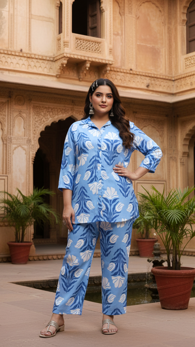 Plus Size Blue & White Geometric Shirt & Trouser Set