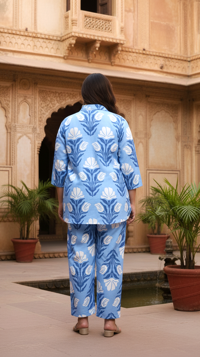 Plus Size Blue & White Geometric Shirt & Trouser Set