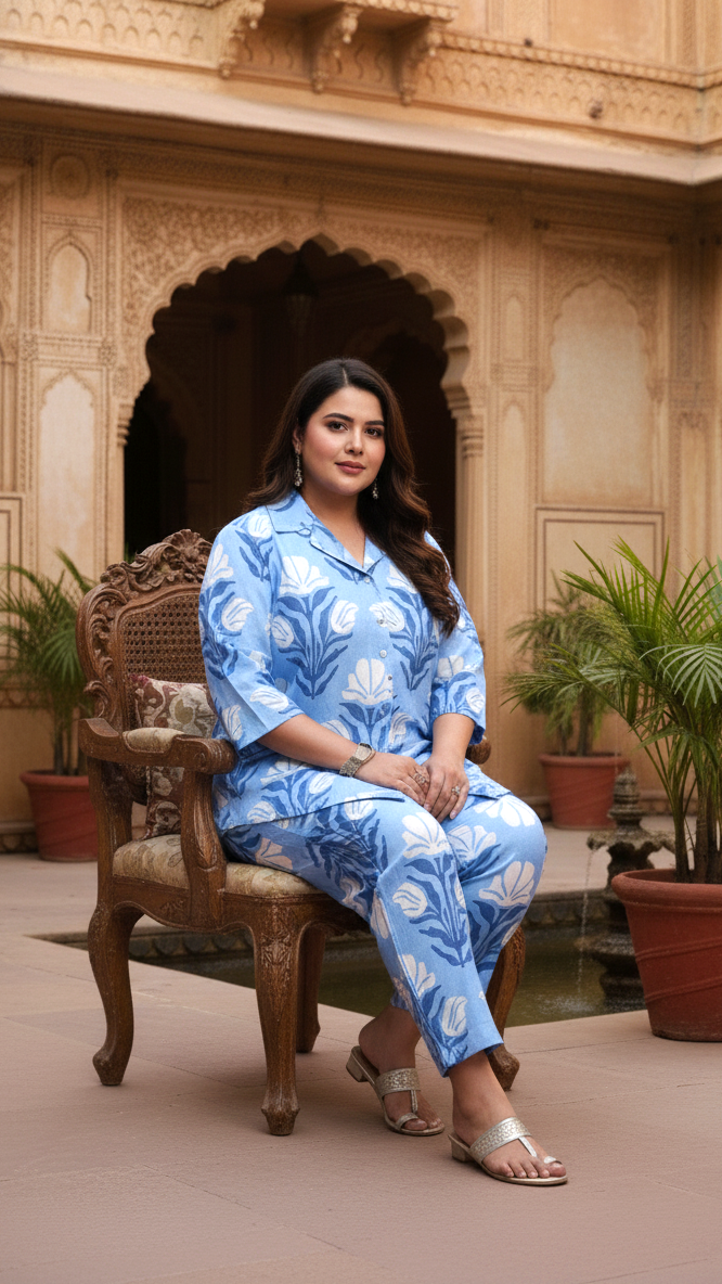 Plus Size Blue & White Geometric Shirt & Trouser Set