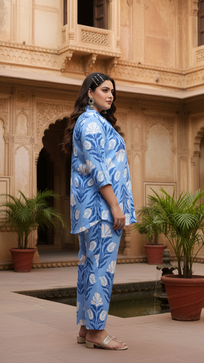 Plus Size Blue & White Geometric Shirt & Trouser Set