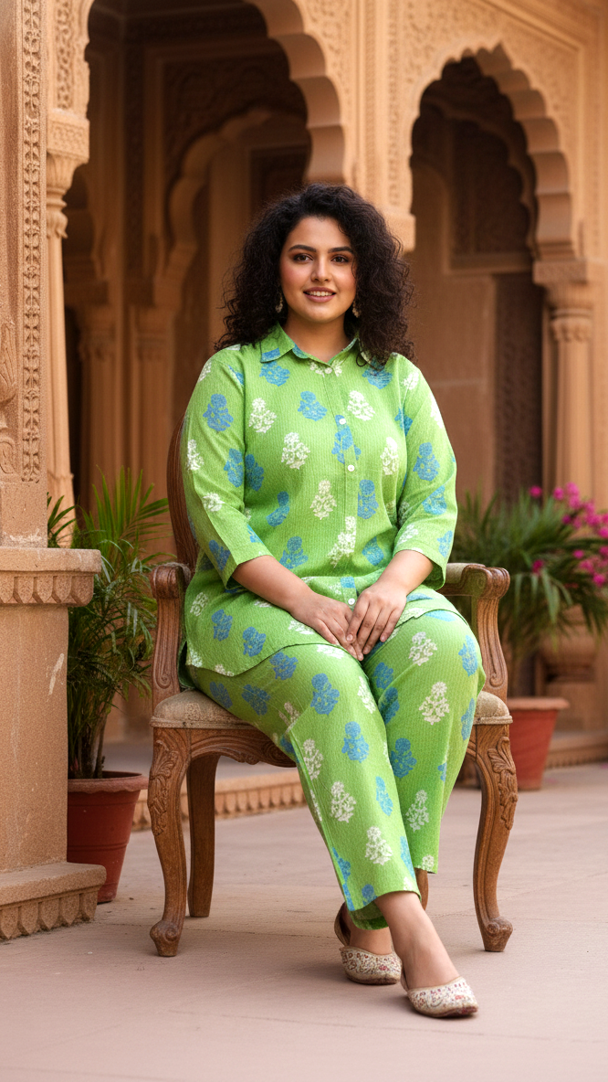 Curvy Fit Lime Green & Buti Print Two-Piece Set