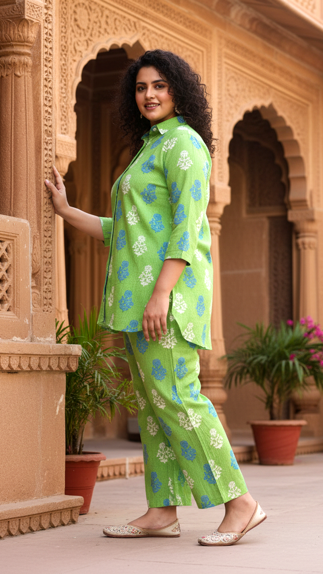 Curvy Fit Lime Green & Buti Print Two-Piece Set