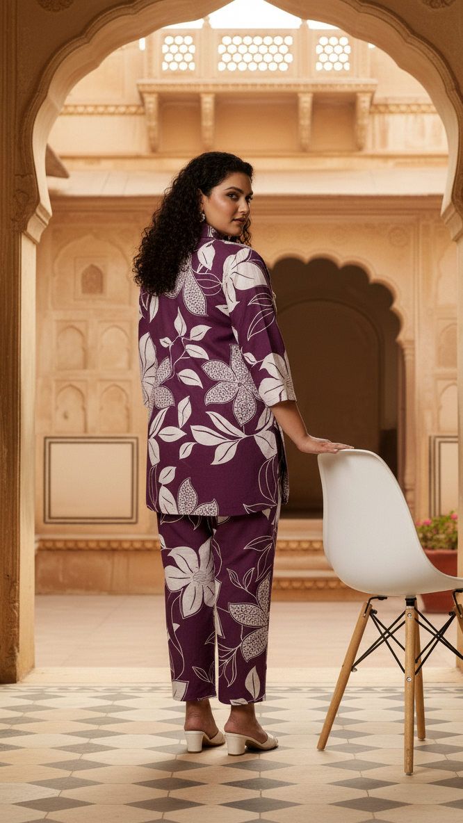 Comfort Fit Plum Colour Block Print Co-ord Set